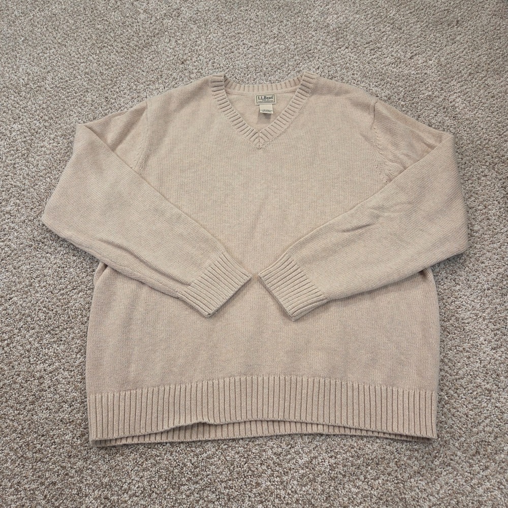 LL Bean V-Neck Sweater Mens Size XL Beige 100% Cotton Long Sleeve Pullover
